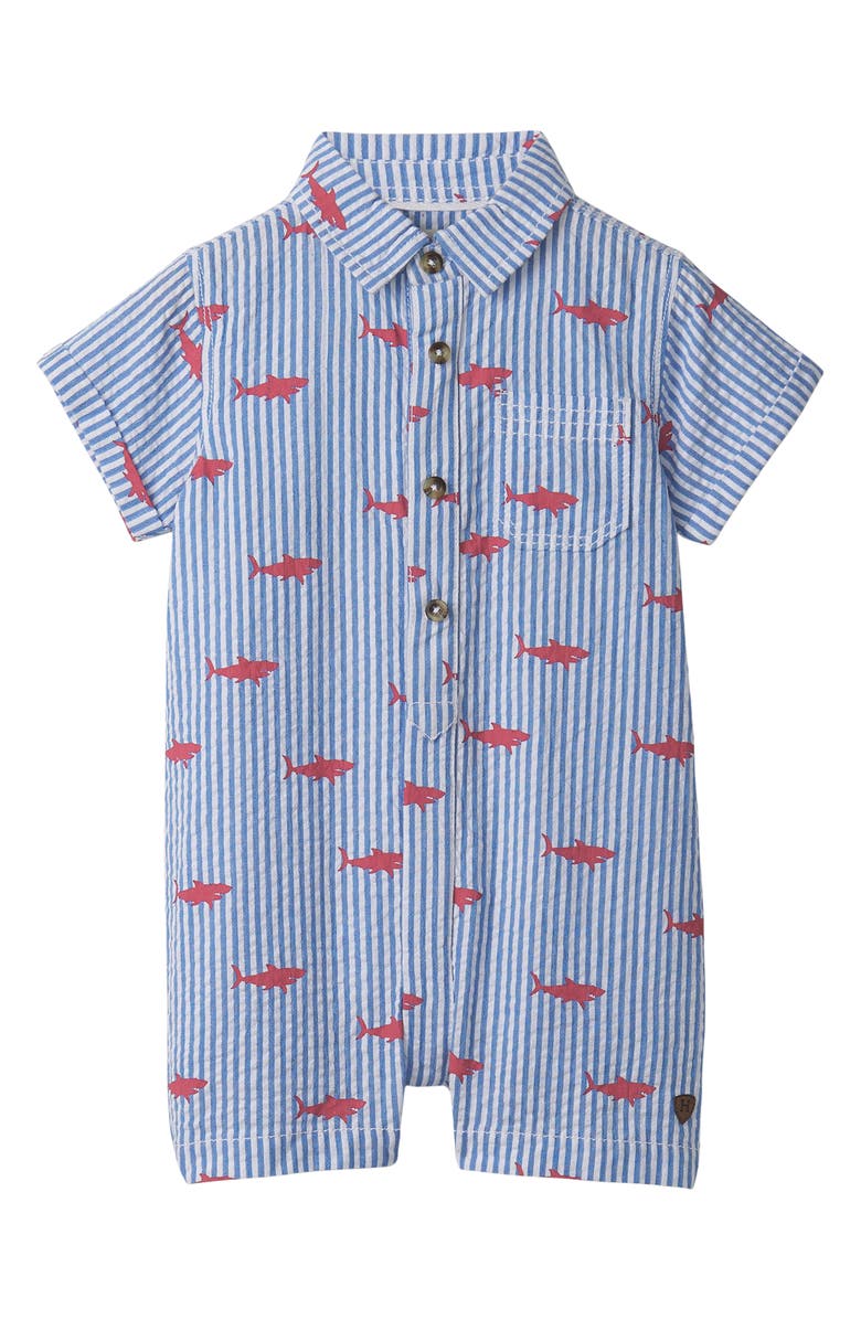 Hatley Shark Silhouette Stripe Seersucker Romper (Baby, Main, color, Campanula
