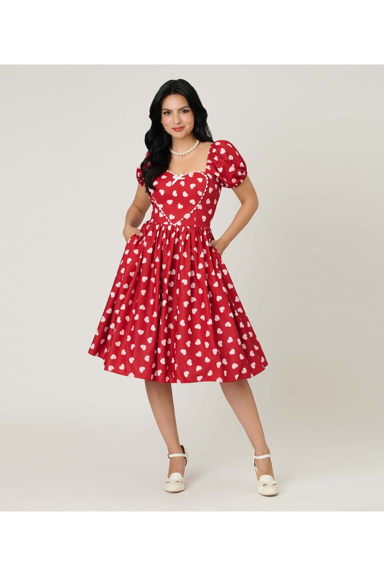 Puff Sleeve Sweetheart Fit & Flare Dress, Main, color, Red W/ White Heart Print