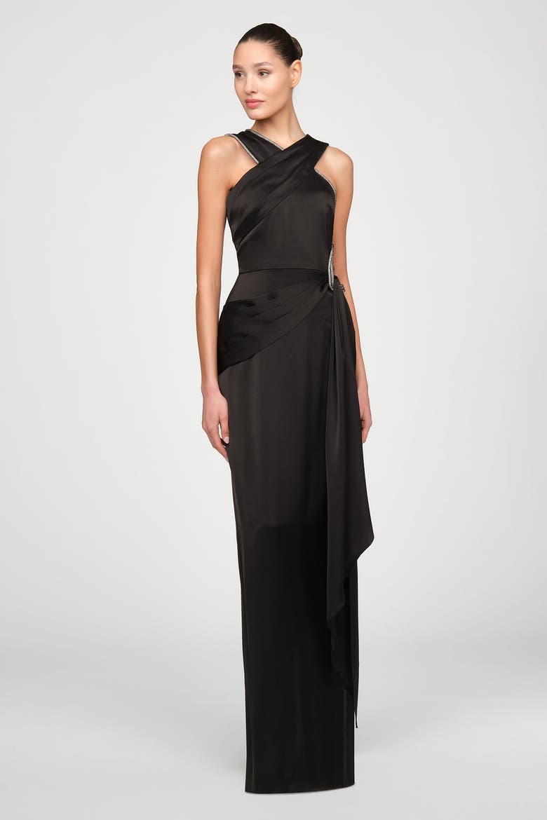 Cressida Halter Column Satin Gown, Main, color, Black