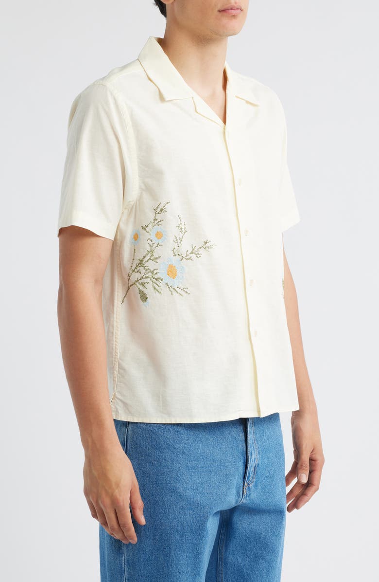 Percival Floral Embroidered Short Sleeve Cotton & Linen Button-Up Shirt, Alternate, color, Off White