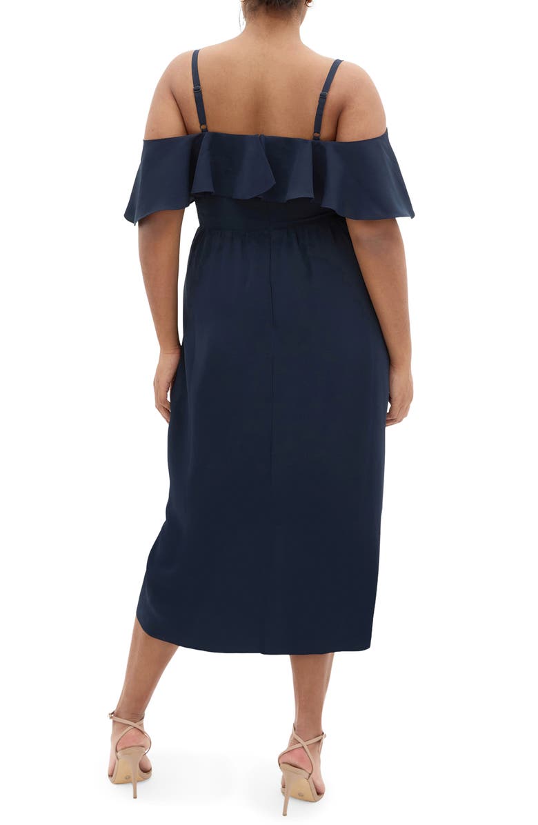 City Chic Flirtation Ruffle Off the Shoulder Cocktail Dress, Alternate, color, Navy