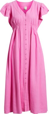 Treasure & Bond Short Sleeve Button Down Linen Blend Midi Dress