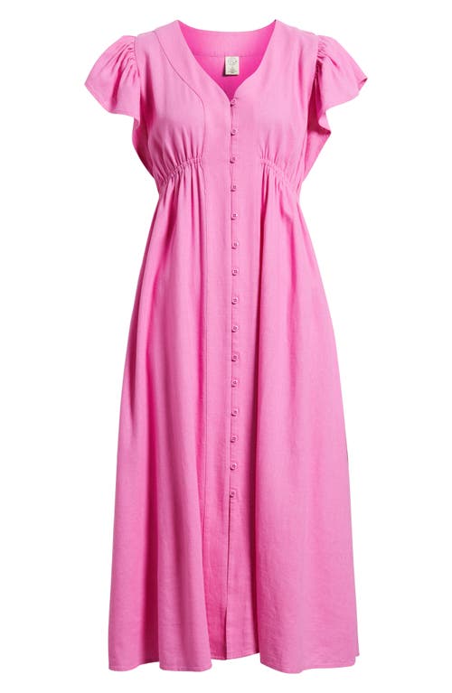 TREASURE & BOND TREASURE & BOND SHORT SLEEVE BUTTON DOWN LINEN BLEND MIDI DRESS