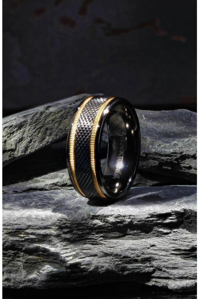 Baroque Titanium Diamond Pattern Wedding Ring, Alternate, color, Black / Gold