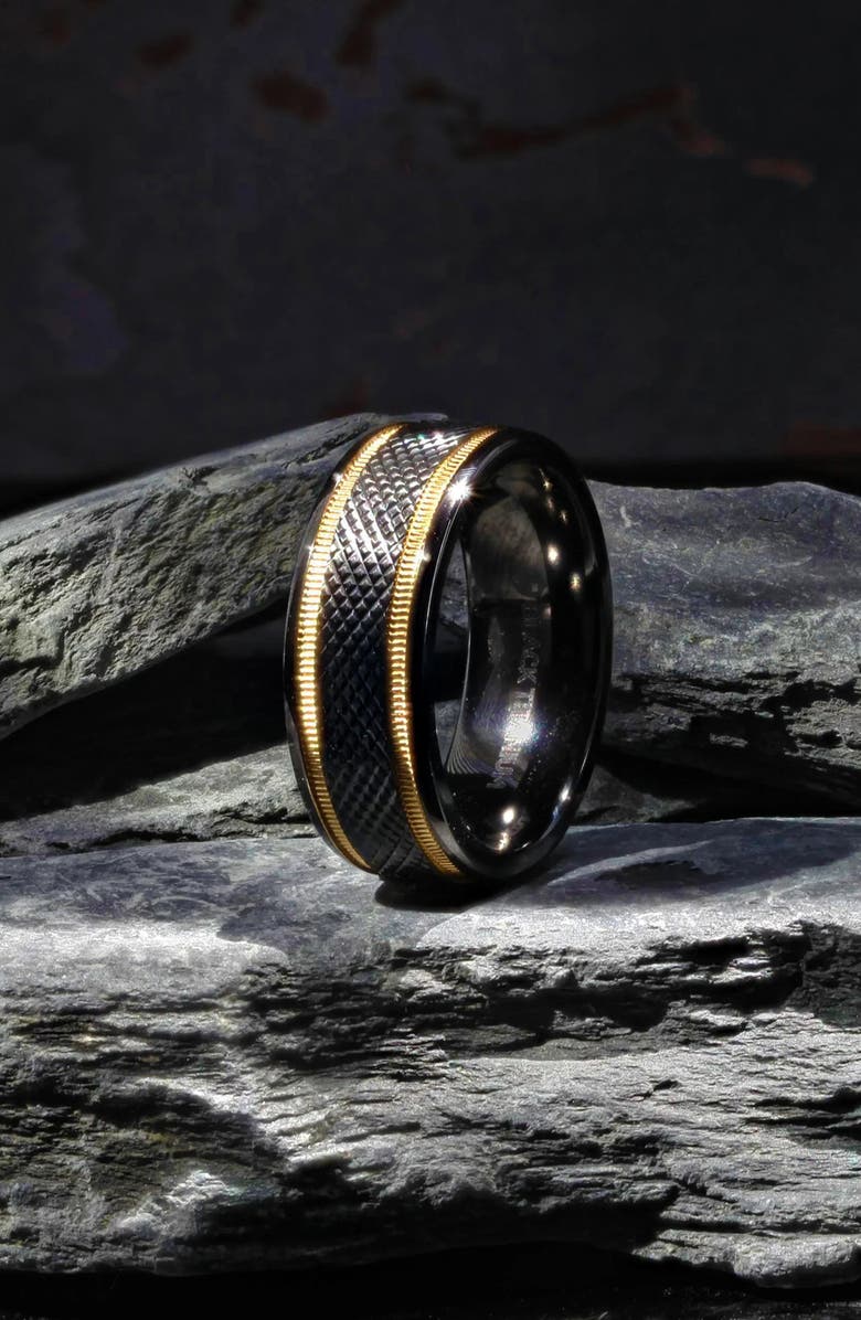 Larson Jewelers Baroque Titanium Diamond Pattern Wedding Ring, Alternate, color, Black / Gold