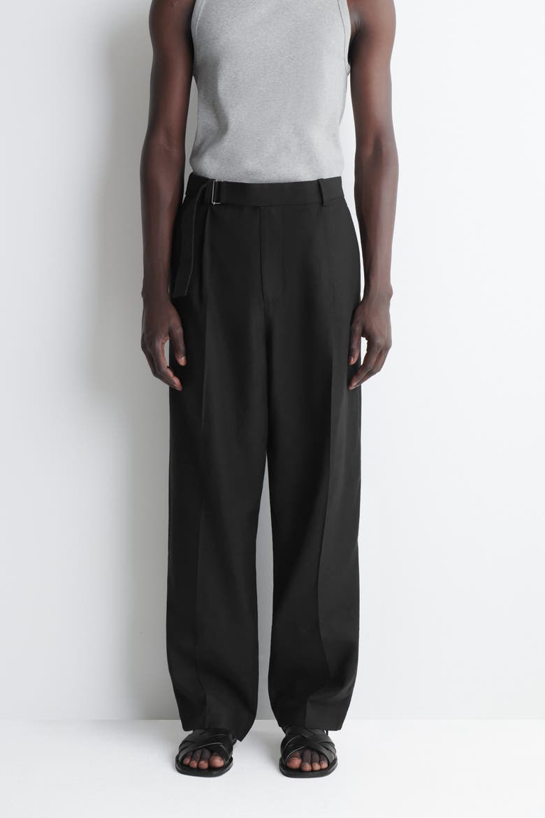 Belted Linen-blend Relaxed-fit Wide-leg Pants, Alternate, color, BLACK