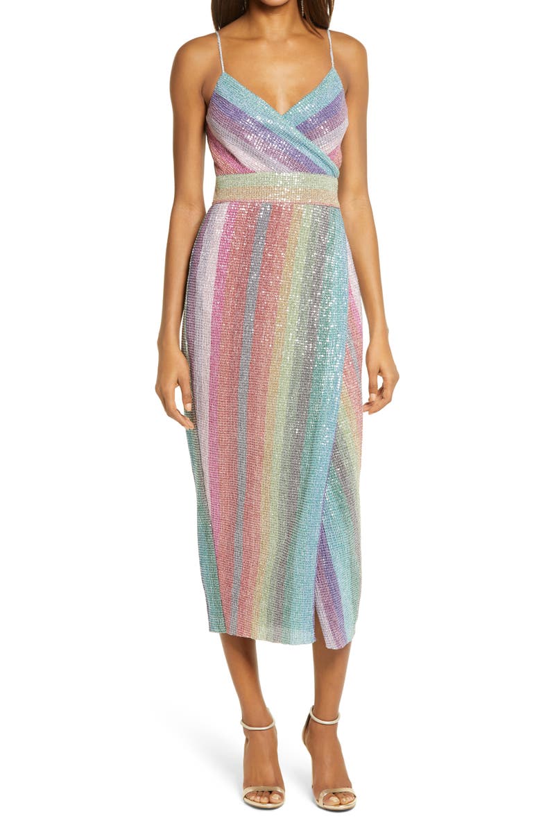 Saylor Meghan Sequin Stripe Faux Wrap Midi Dress, Main, color, 