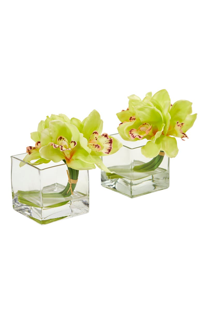NEARLY NATURAL Cymbidium Orchid Artificial Arrangement in Glass Vase, Main, color, Green