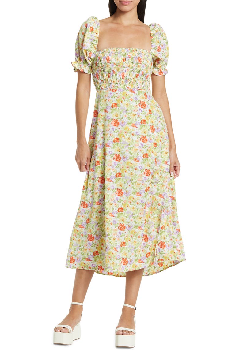 ASTR Smocked Puff-sleeve Midi Dress, Main, color, GREEN CORAL FLORAL