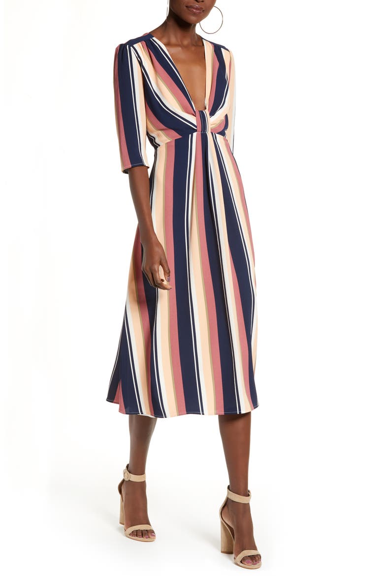 Deep V-Neck Stripe Midi Dress, Main, color, NAVY PEACOAT BOLD STRIPE