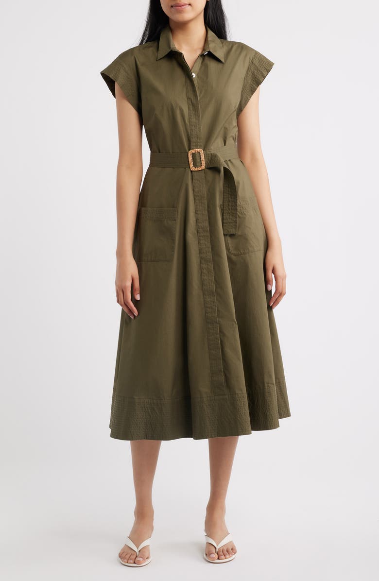 Eliza J Trapunto Midi Shirtdress, Main, color, Olive
