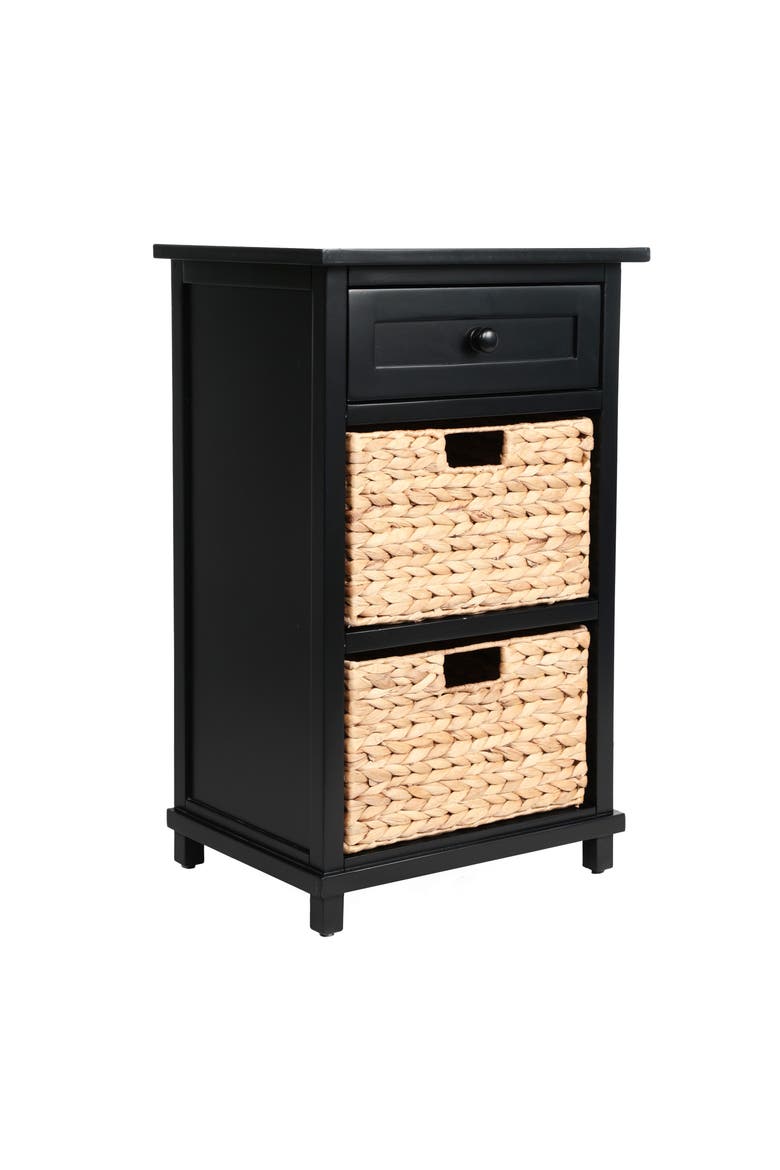 Malibu Rustic Handcrafted Acacia Wood Accent Storage Nightstand with Drawer and 2 Water Hyacinth Woven Baskets, Main, color, Black