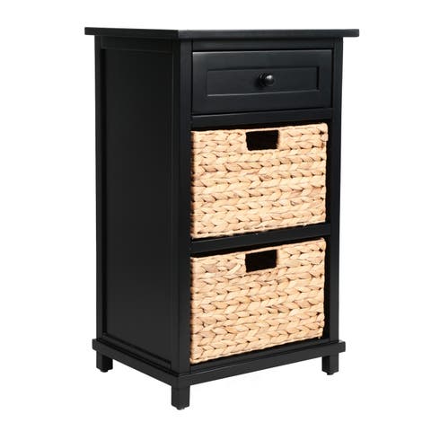 Malibu Rustic Handcrafted Acacia Wood Accent Storage Nightstand with Drawer and 2 Water Hyacinth Woven Baskets