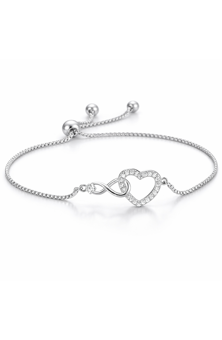 Donatello Gian Crystal Infinity Heart Adjustable Bracelet, Main, color, Silver