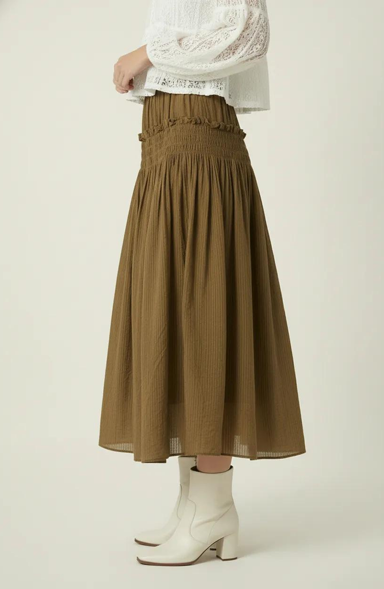 Modenaire Smocked Tiered Ruffle-Trim Flowy Maxi Skirt, Alternate, color, Olive Green