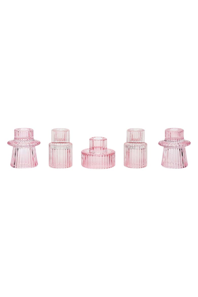 Pink Ribbed Glass Candle Holders Set of 5 - Blush Pedestal Taper Candle Holders for Birthday, Bridal, and Party Tablescape Décor, Main, color, Pink