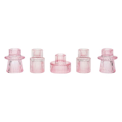 Pink Ribbed Glass Candle Holders Set of 5 - Blush Pedestal Taper Candle Holders for Birthday, Bridal, and Party Tablescape Décor