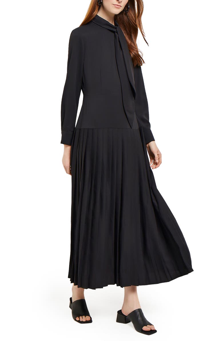 Misook Tie Neck Long Sleeve Pleated Maxi Dress, Alternate, color,