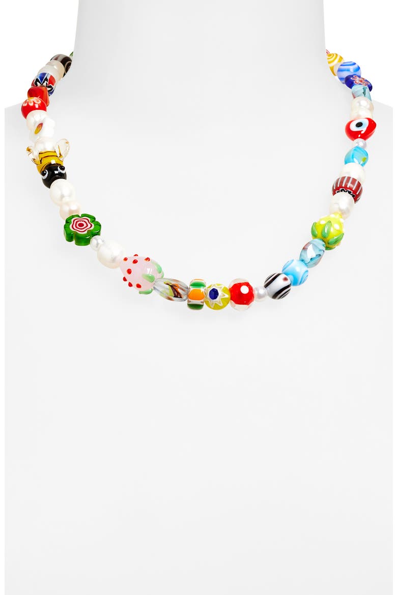 Milliefiori Bead & Faux Pearl Necklace, Alternate, color, WHITE/GOLD/MULTI