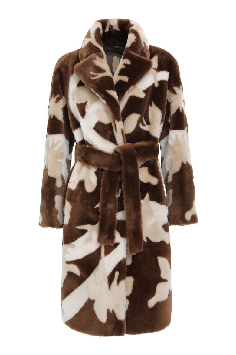 Reversible Genuine Shearling Coat with Butterfly Intarsia, Belt, Alternate, color, Chestnut/Palomino/Cream