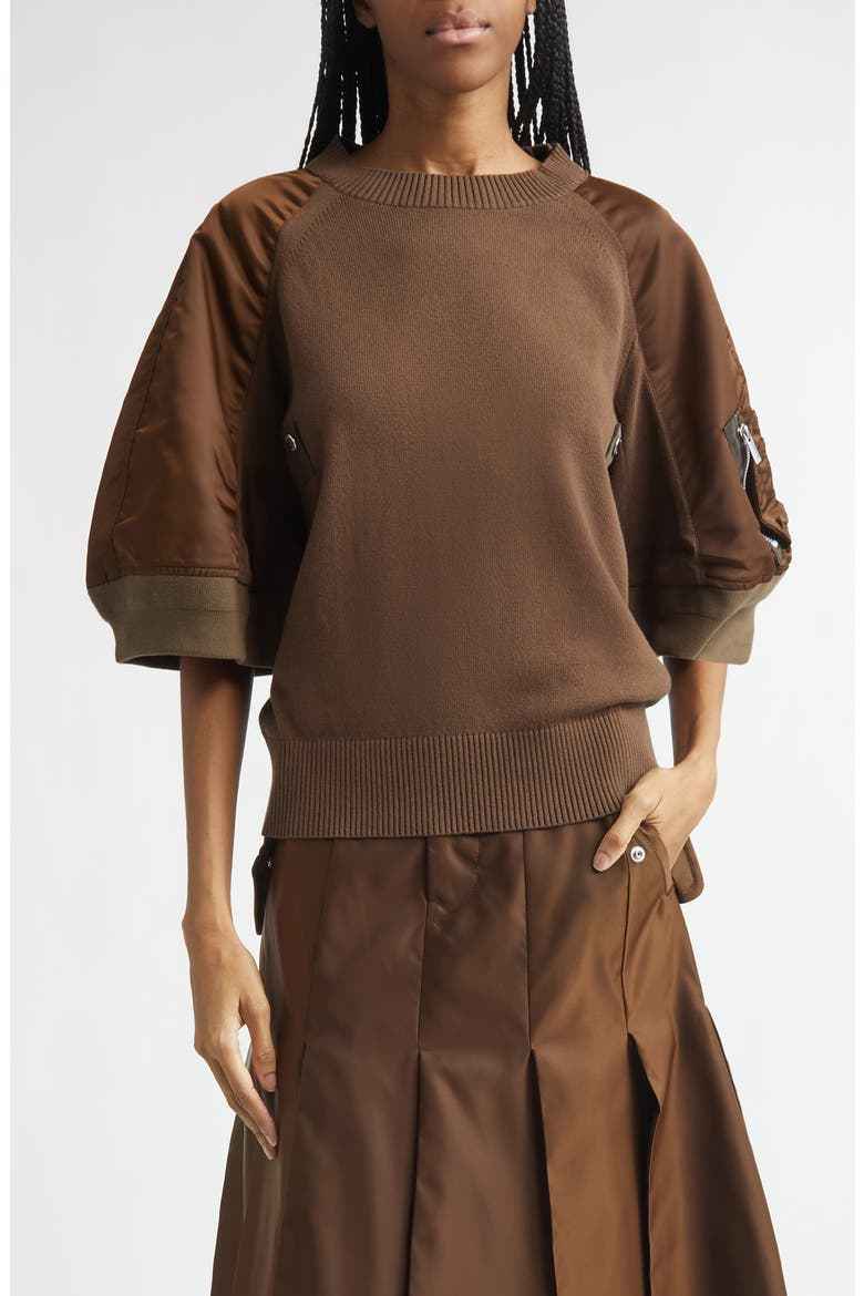 Mixed Media Knit & Nylon Twill Cardigan, Main, color, BROWN