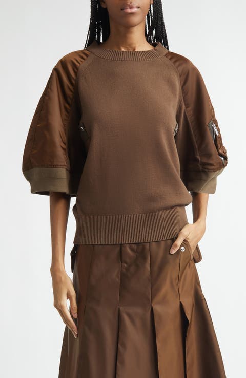 Mixed Media Knit & Nylon Twill Cardigan