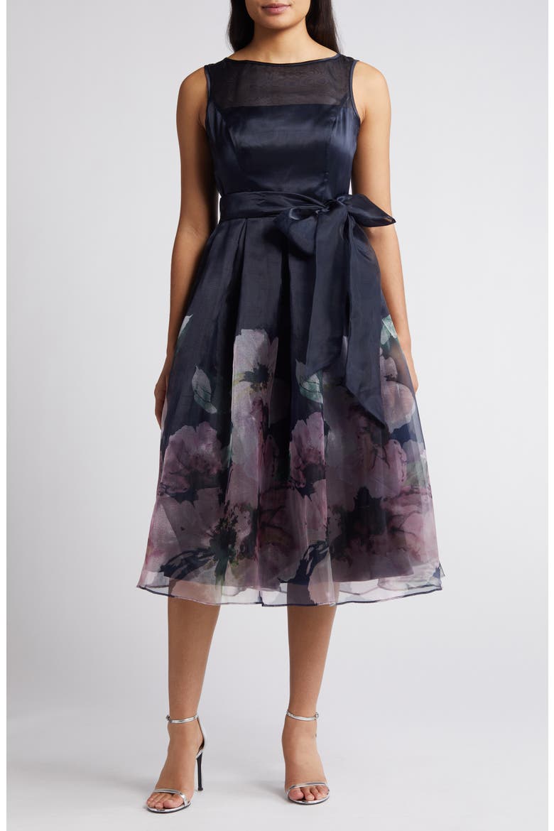 Floral Border Print Cocktail Dress, Main, color, NAVY PANSY