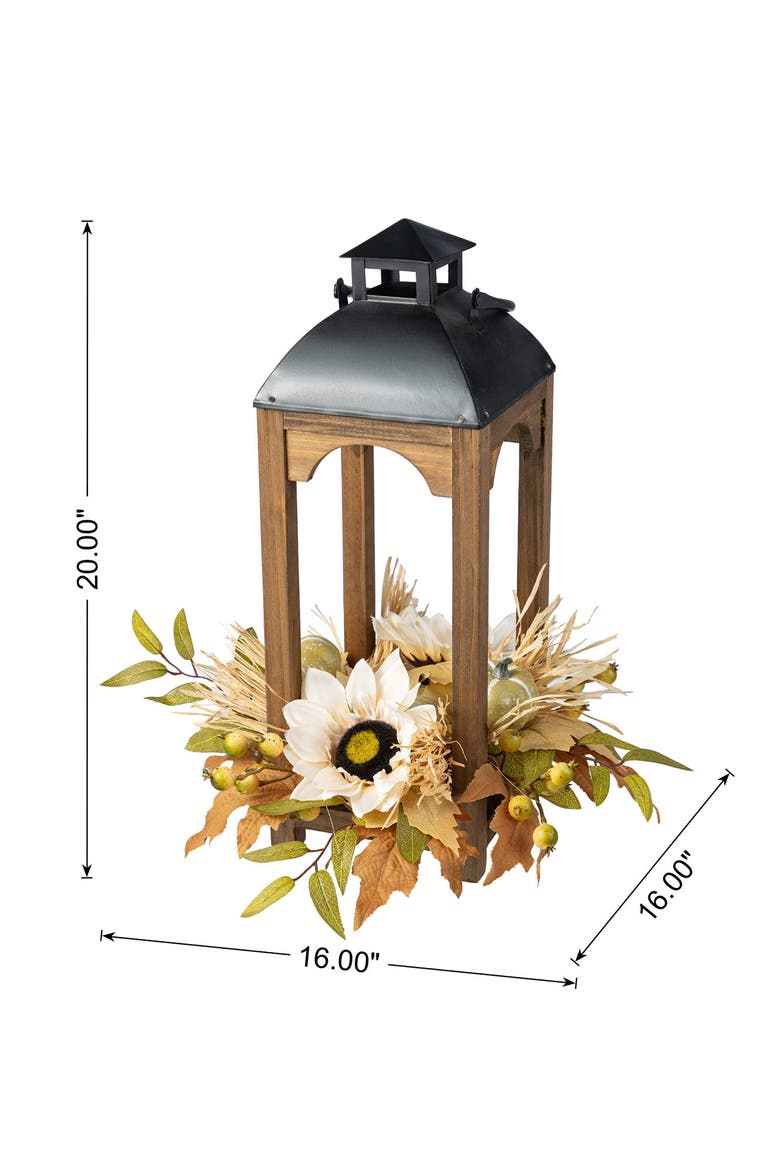 Fall Neutral Sunflower Pumpkin and Leaf Wood Lantern Centerpiece, Alternate, color, White