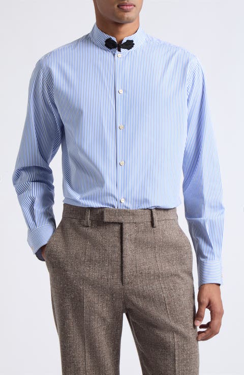 Stripe Mandarin Collar Cotton Button-Up Shirt