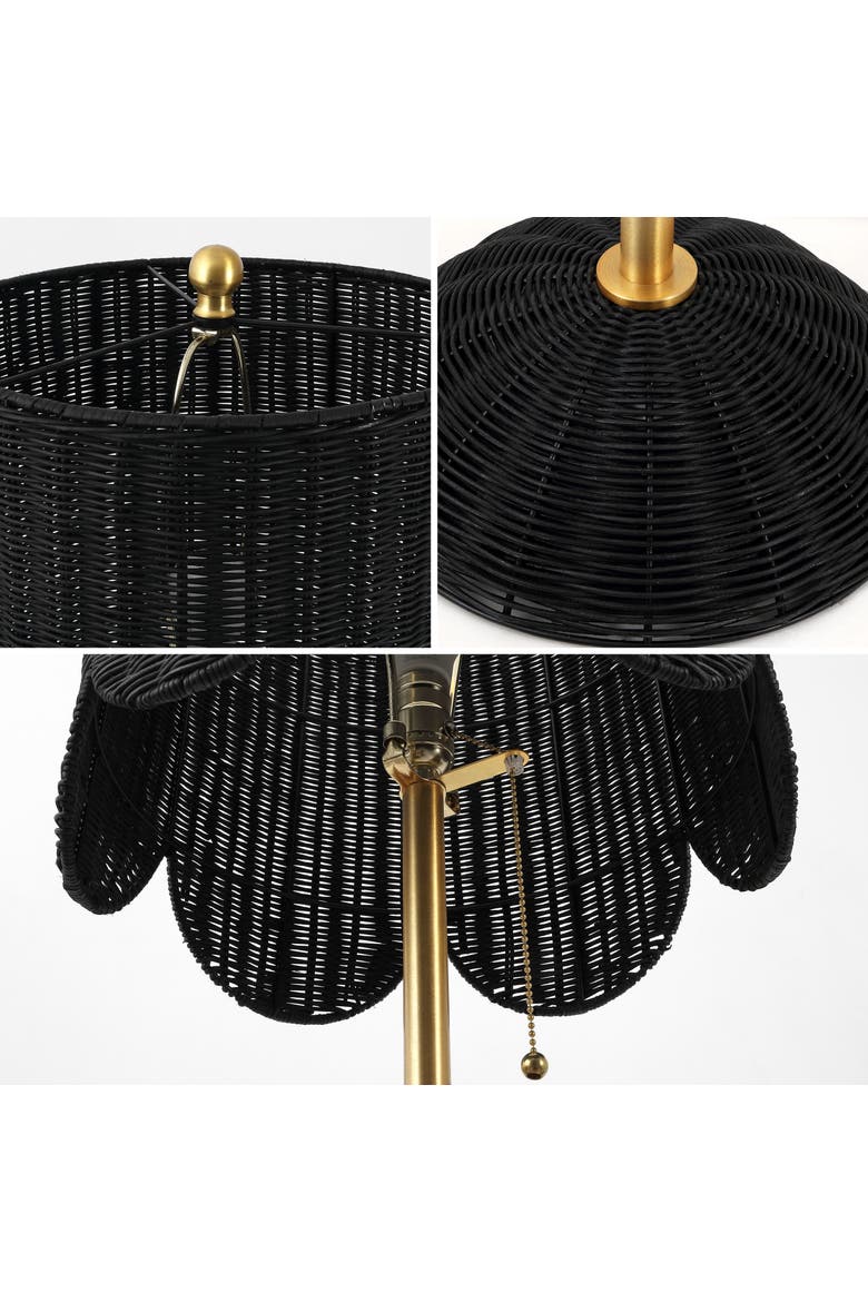 Joel Scallop Shade Rattan/Metal LED Floor Lamp with Pull Chain, Alternate, color, Black/Brass Gold