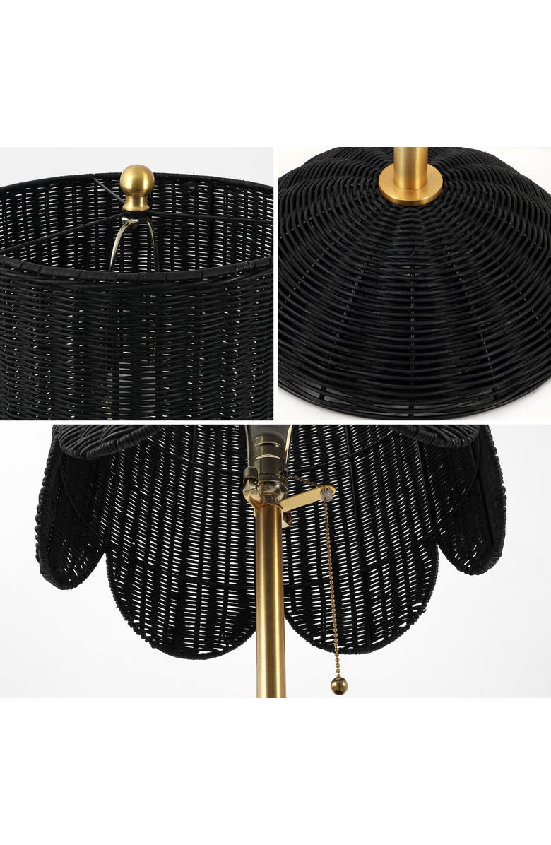 JONATHAN Y Joel Scallop Shade Rattan/Metal LED Floor Lamp with Pull Chain, Alternate, color, Black/Brass Gold