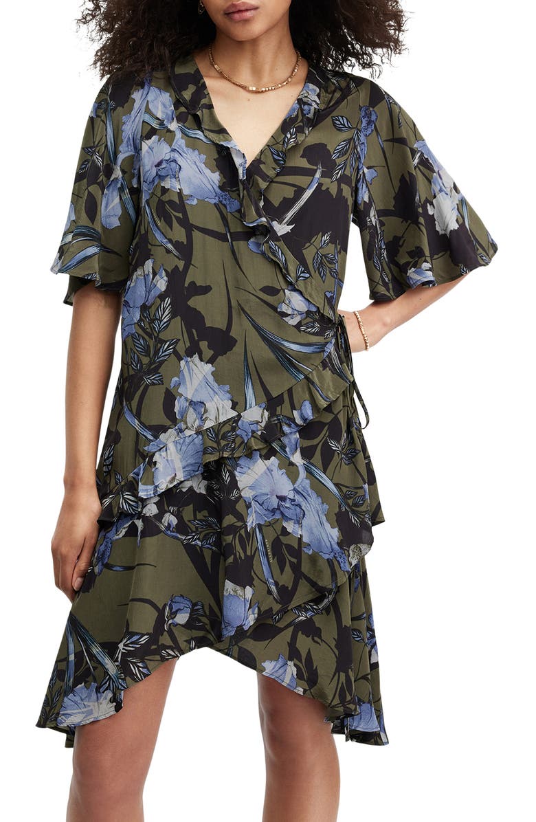AllSaints Meagan Floral Print Wrap Dress, Alternate, color, Deep Khaki Green