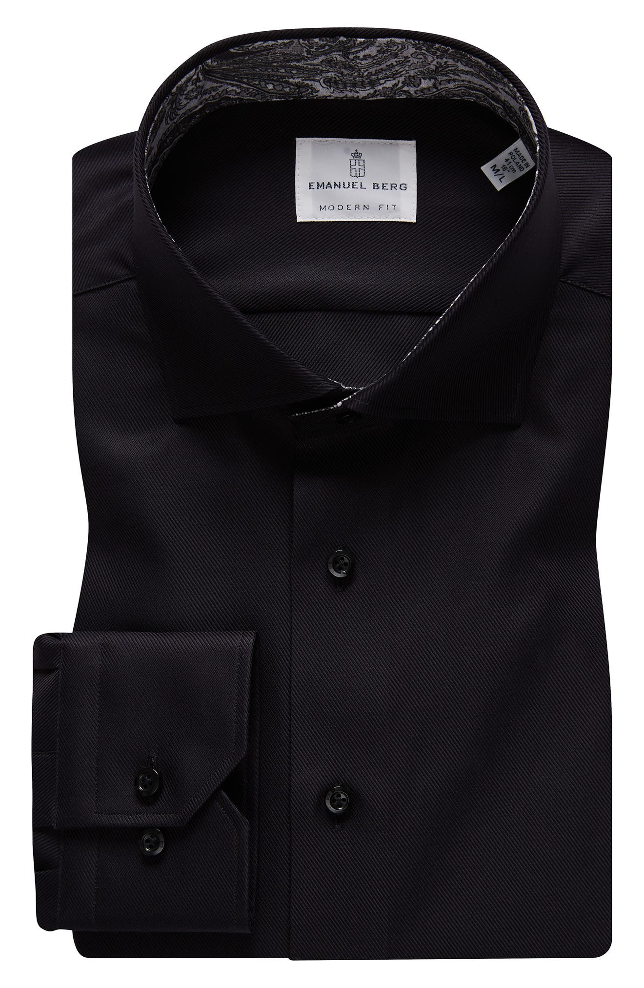 Emanuel Berg Modern Fit Solid Black Cotton Twill Dress Shirt