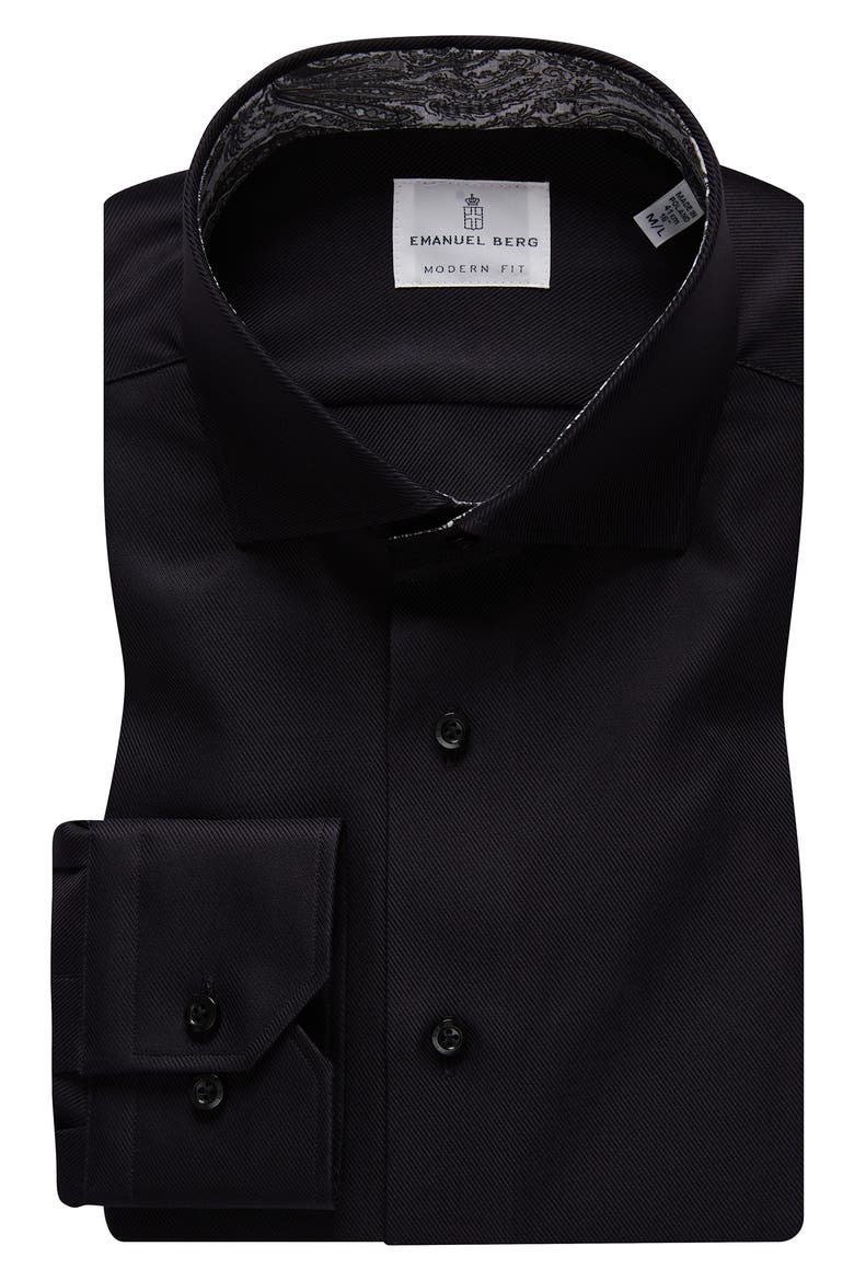Modern Fit Solid Black Cotton Twill Dress Shirt, Alternate, color, BLACK