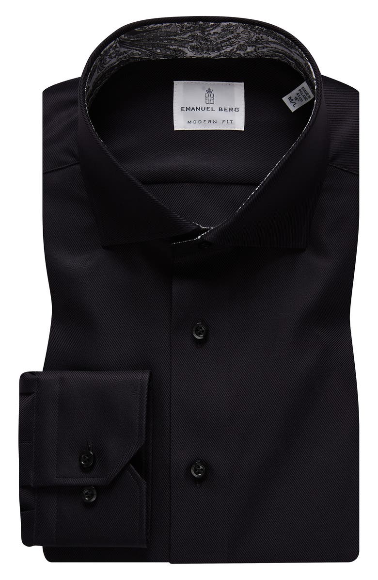 Emanuel Berg Modern Fit Solid Black Cotton Twill Dress Shirt, Main, color, 