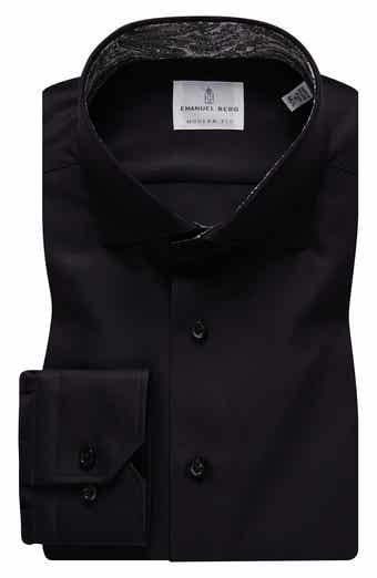 Emanuel Berg Modern Fit Solid Black Cotton Twill Dress Shirt