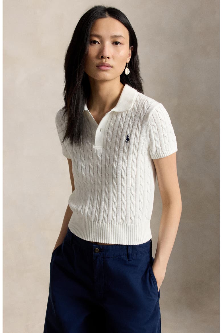 Cable Knit Crop Cotton Polo Sweater, Alternate, color, WHITE