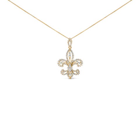 14K Yellow Gold 1.00 Cttw Round Diamond Fleur De Lis Pendant Necklace