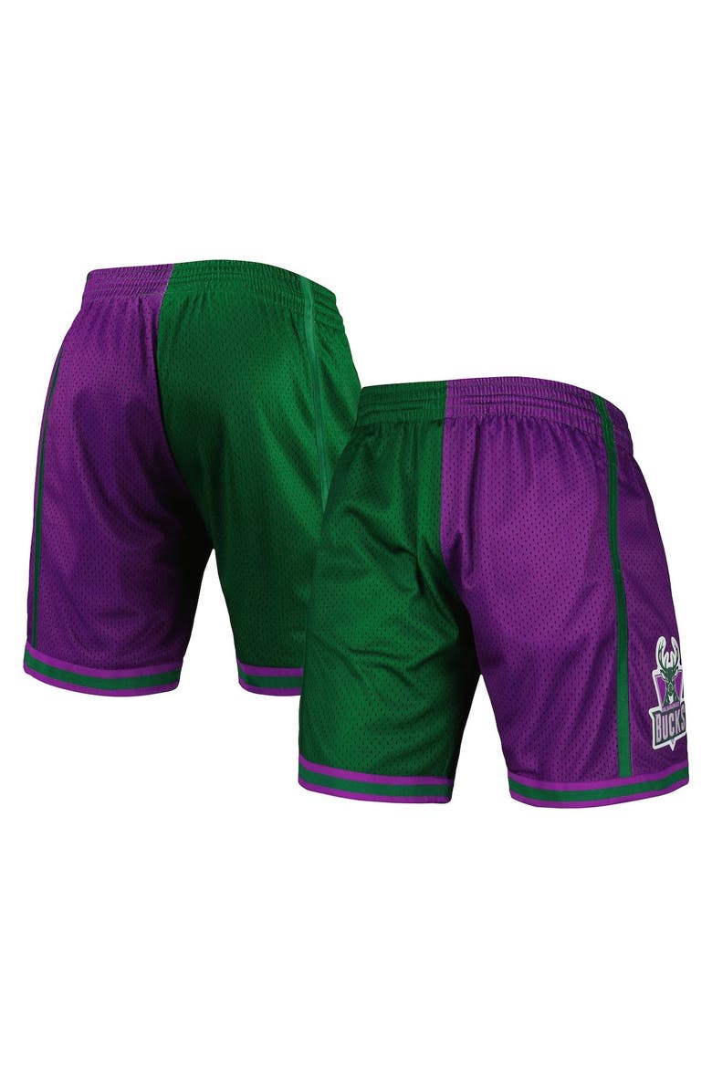 Men's Mitchell & Ness Green/Purple Milwaukee Bucks Hardwood Classics 1996 Split Swingman Shorts, Main, color, Green