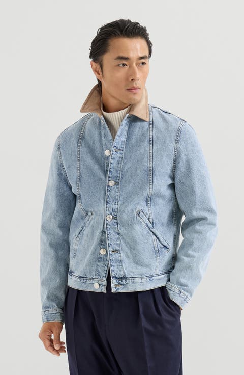 Denim outerwear jacket with suede collar