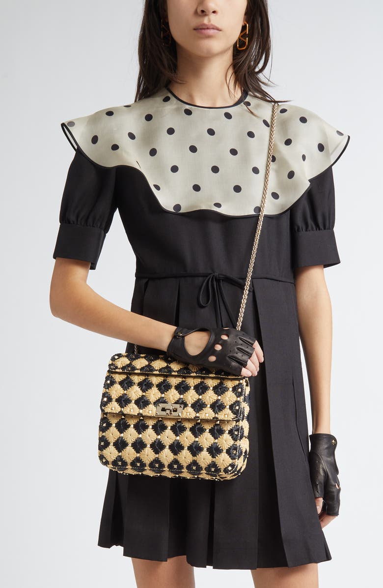 Valentino Garavani Medium Rockstud Spike Check Raffia Shoulder Bag, Alternate, color,