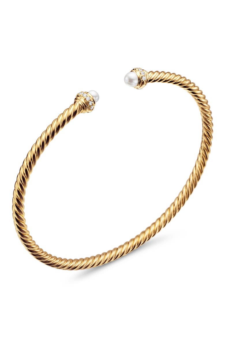Cablespira® Bracelet in 18K Gold with Pearls & Pavé Diamonds, 3mm, Alternate, color, PEARL