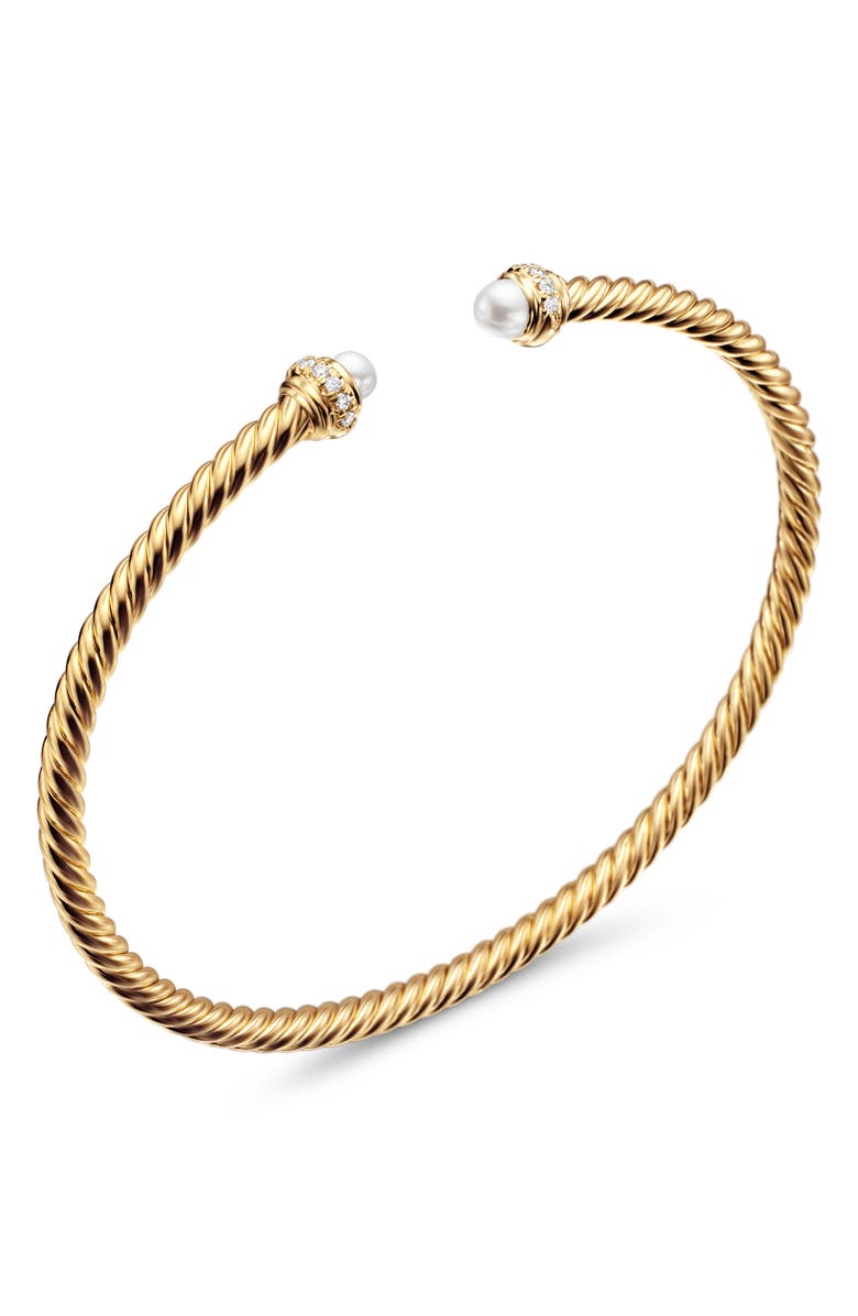 David Yurman Cablespira<sup>®</sup> Bracelet in 18K Gold with Pearls & Pavé Diamonds, 3mm, Alternate, color, Pearl