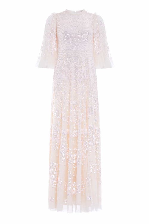 Needle & Thread Anais Sequin 3/4 Sleeve Maxi Gown In Neutral
