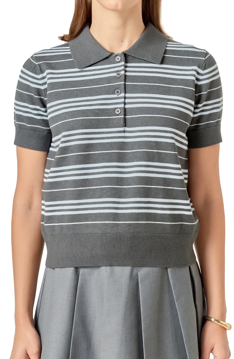 English Factory Stripe Polo Sweater, Alternate, color, Charcoal/ P.blue