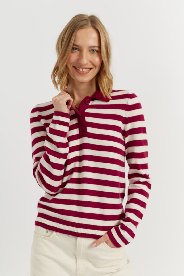 Wool-Cashmere Stripe Collared Sweater, Alternate, color, Cherry