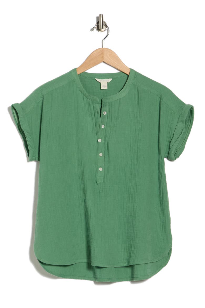 Cotton Gauze Henley Top, Alternate, color, GREEN LAWN