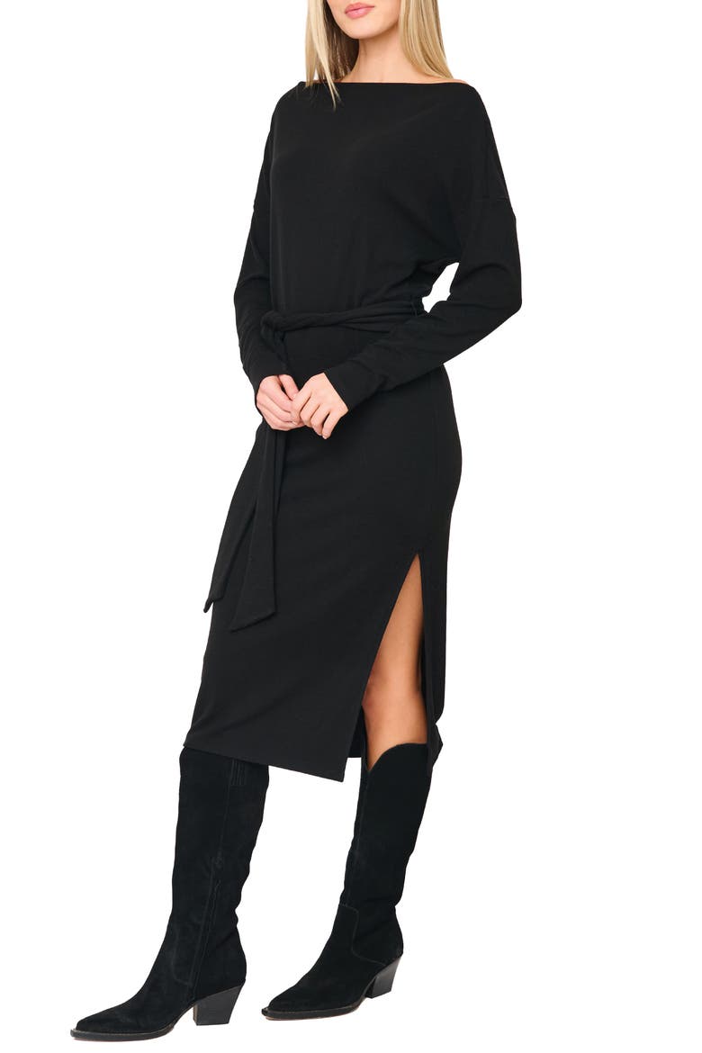 One-Shoulder Long Sleeve Midi Sweater Dress, Alternate, color, BLACK