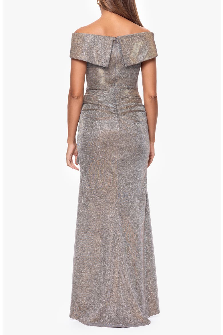 Cascade Ruffle Detail Off the Shoulder Metallic Knit Gown, Alternate, color, SAND
