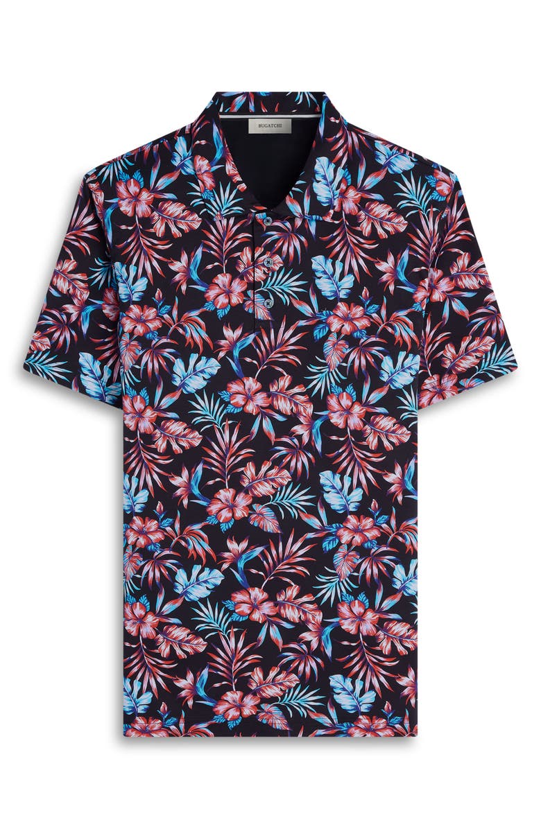 Bugatchi Hendrix Digital Tropical Floral Print Pima Cotton Polo, Alternate, color, Black